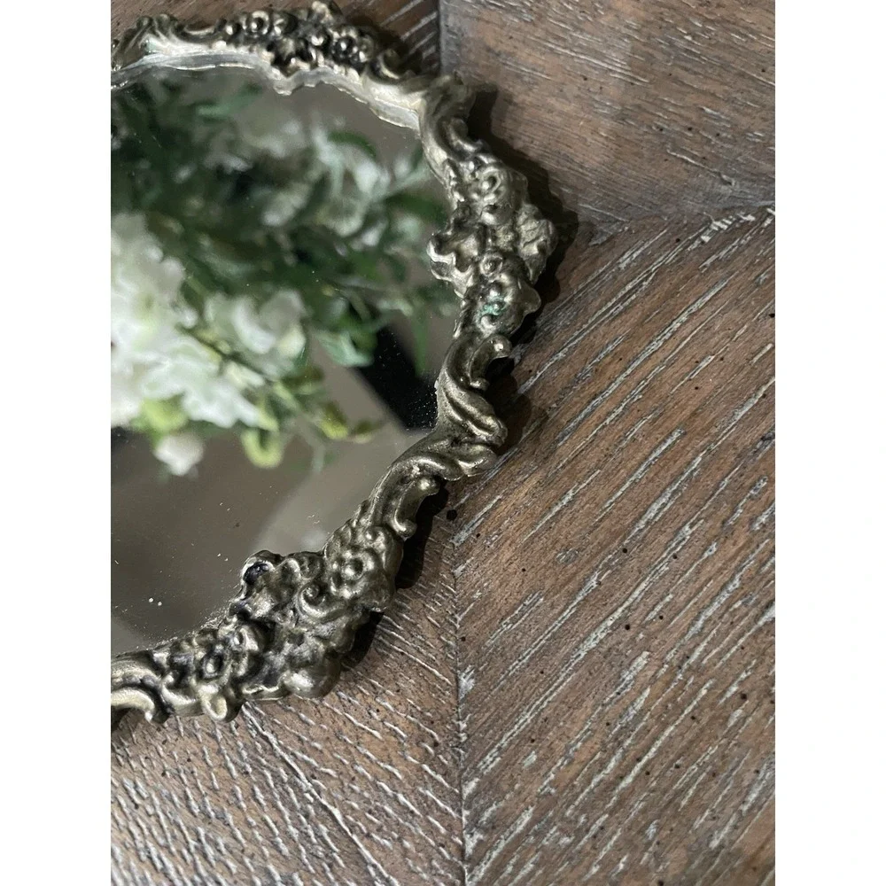 Vtg Ornate Round Silver Metal Sm Vanity or Decorative Mirror 7